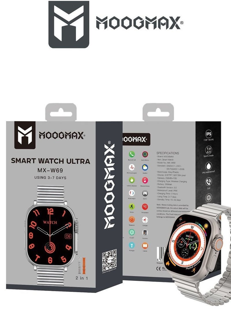 MOOGMAX - MoogMax (2nd Gen) ultra watch. IPX6 Water-resistant watch ultra. Smart touch watch with gesture-based call answering & answering from the watch using the built-in mic. smart watch ultra with a watch mobile app. Smart sports watch with all fitness measurements. smartwatch with wireless charging. Silver - Image 1