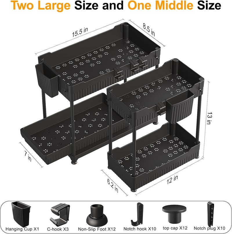 Sevenblue 3 Pack Under Sink Organizer, 2-Tier Multi-Use Kitchen Bathroom Organizers and Storage with Sliding Drawer, Bathroom Cabinet Organizer with Hooks and Hanging Cups (Black) - Image 4
