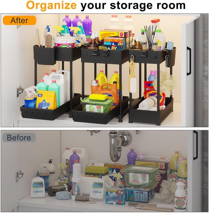 Sevenblue 3 Pack Under Sink Organizer, 2-Tier Multi-Use Kitchen Bathroom Organizers and Storage with Sliding Drawer, Bathroom Cabinet Organizer with Hooks and Hanging Cups (Black) - Image 3