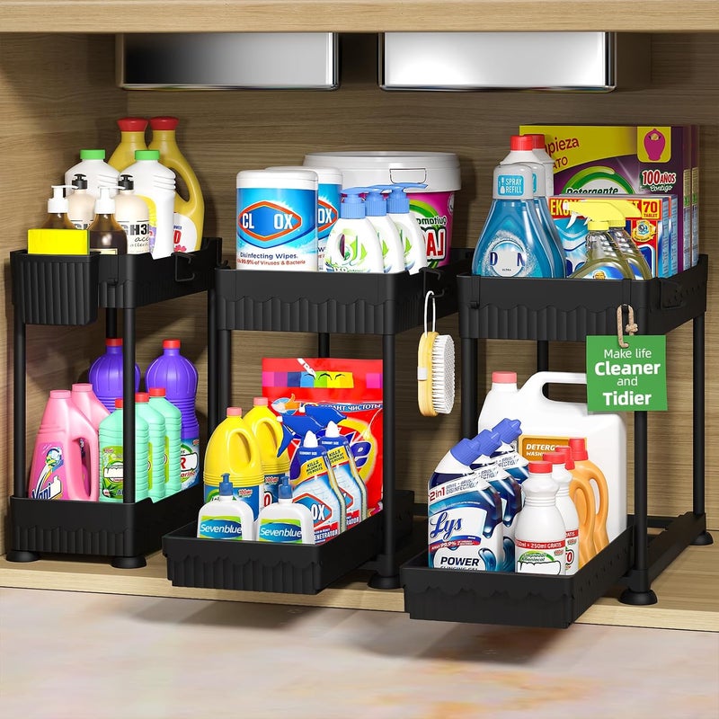 Sevenblue 3 Pack Under Sink Organizer, 2-Tier Multi-Use Kitchen Bathroom Organizers and Storage with Sliding Drawer, Bathroom Cabinet Organizer with Hooks and Hanging Cups (Black) - Image 1