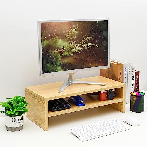 TEAMIX 2 Tiers Desktop Monitor Stand Riser 20 Inch Printer Stand with Storage Small TV Riser Laptop Wooden Desk Organizer Shelf Bookshelf Maple (Natural Maple, 2 tiers) - Image 2