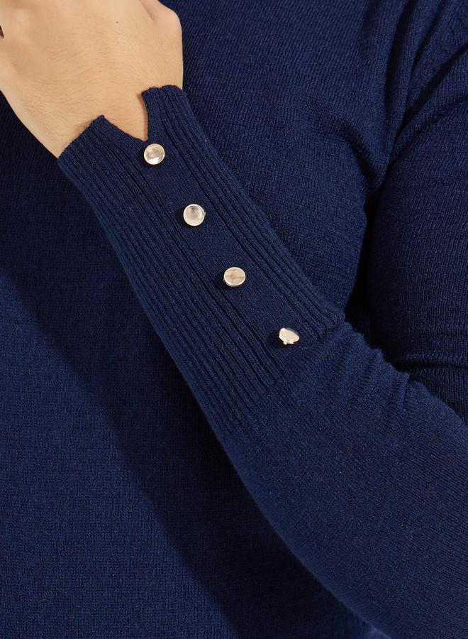 Styli Slim Fit Round Neck Sweater with Button Cuff Detail - Image 3