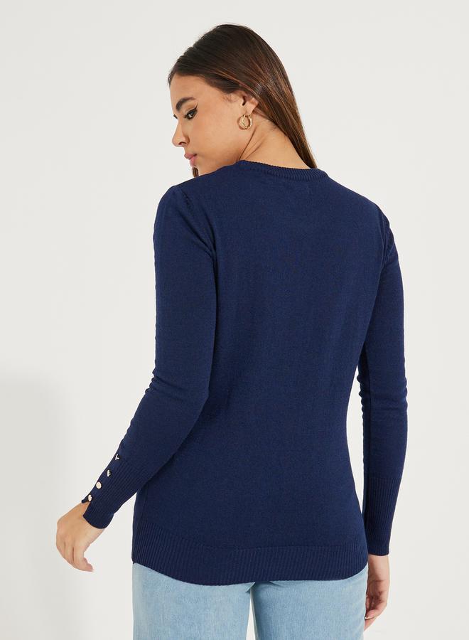 Styli Slim Fit Round Neck Sweater with Button Cuff Detail - Image 4
