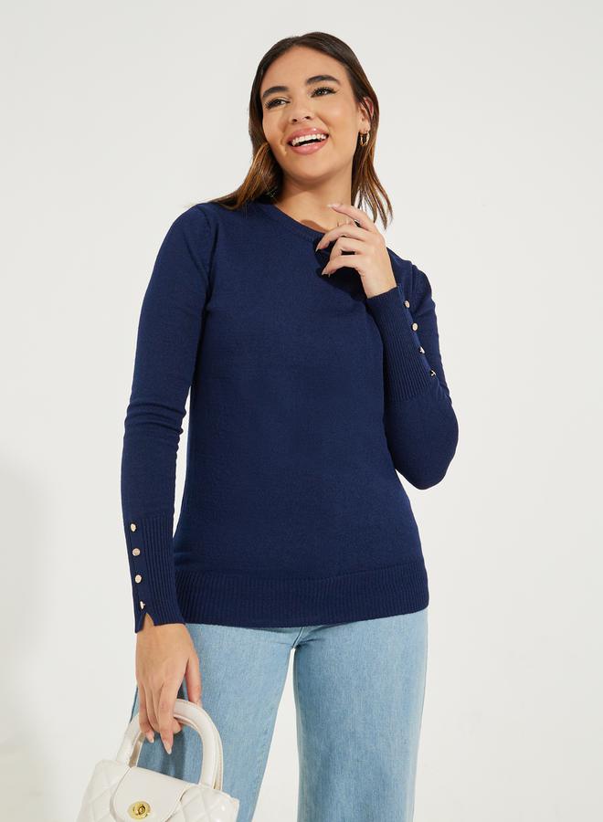 Styli Slim Fit Round Neck Sweater with Button Cuff Detail - Image 2