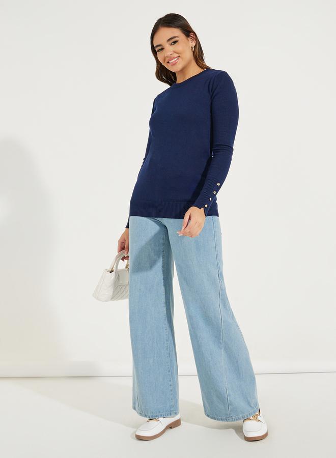 Styli Slim Fit Round Neck Sweater with Button Cuff Detail - Image 1