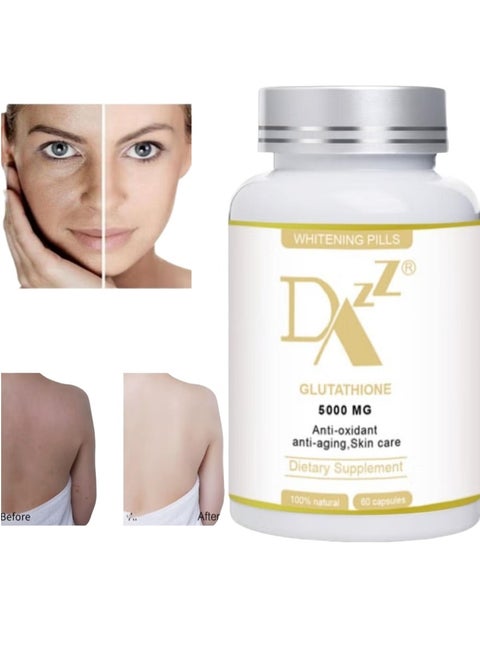 Skin lightening with Glutathione Whitening Pills - 60 Capsules, 5000mg. Targets dark spots, melasma, acne scars, and hyperpigmentation. Anti-aging.