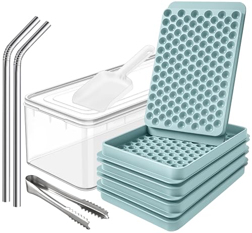 Cozy Kitchen Essentials 4x104 pcs Pebble Ice Cube Tray with Lid and Bin - 0.55in Small Round Mold with Box, Scoop, Tongs, 2x SS Straws - Mini Crushed Nugget Ice Maker for Freezer, Drinks, Cocktail - Image 1