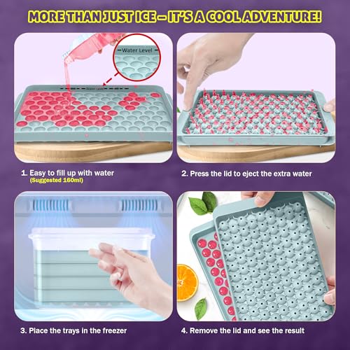 Cozy Kitchen Essentials 4x104 pcs Pebble Ice Cube Tray with Lid and Bin - 0.55in Small Round Mold with Box, Scoop, Tongs, 2x SS Straws - Mini Crushed Nugget Ice Maker for Freezer, Drinks, Cocktail - Image 3