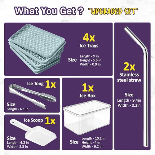 Cozy Kitchen Essentials 4x104 pcs Pebble Ice Cube Tray with Lid and Bin - 0.55in Small Round Mold with Box, Scoop, Tongs, 2x SS Straws - Mini Crushed Nugget Ice Maker for Freezer, Drinks, Cocktail - Image 2