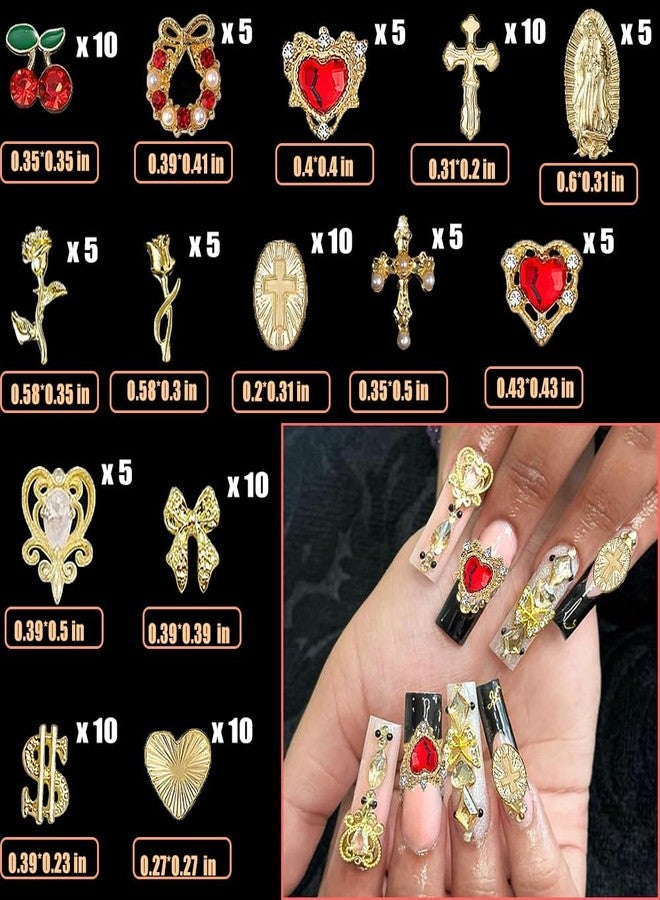KACHIMOO 100Pcs Gold Nail Charms and Gems 3D Cross Nail Charms,Gold Rose,Hearts,Dollar,Bow,Cherry and Virgin Mary Nail Rhinestones for Nails Supplies - Image 2