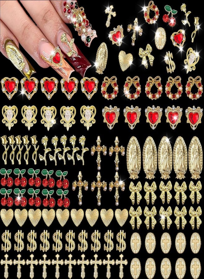 KACHIMOO 100Pcs Gold Nail Charms and Gems 3D Cross Nail Charms,Gold Rose,Hearts,Dollar,Bow,Cherry and Virgin Mary Nail Rhinestones for Nails Supplies - Image 1