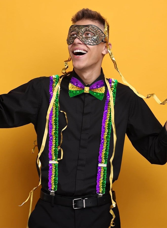 BOARDFEB Mardi Gras Suspenders and Bow Tie Set for Men, Adjustable Suspenders with Glitter, Unisex Cosplay Accessories for Mardi Gras Outfits and Celebrations - Image 2