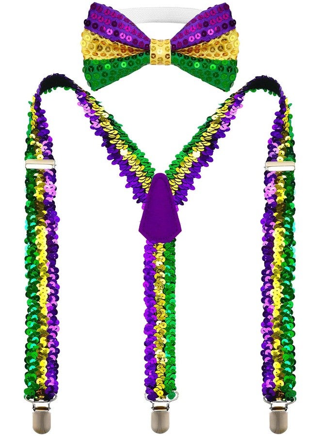 BOARDFEB Mardi Gras Suspenders and Bow Tie Set for Men, Adjustable Suspenders with Glitter, Unisex Cosplay Accessories for Mardi Gras Outfits and Celebrations - Image 1