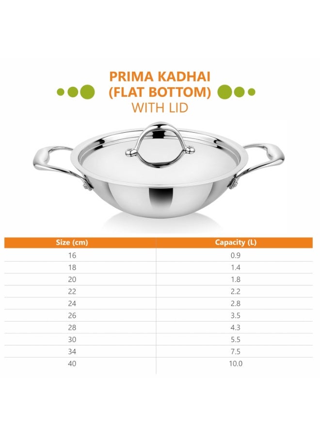 Prabha Prima Kadhai Flat Bottom with Lid, Stainless Steel, Kitchen Kadhai, 40cm, 10L, Induction & Non Induction Base - Image 2
