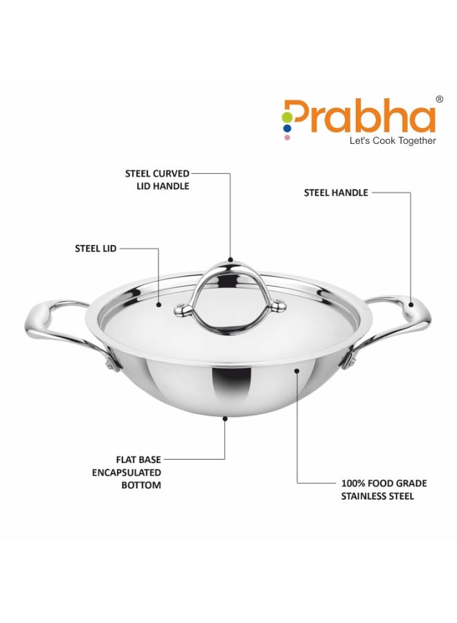 Prabha Prima Kadhai Flat Bottom with Lid, Stainless Steel, Kitchen Kadhai, 40cm, 10L, Induction & Non Induction Base - Image 3