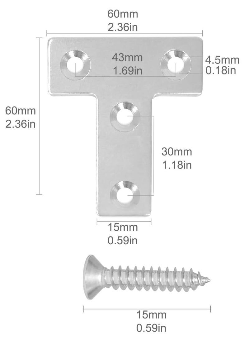 Rubik 8pcs Flat Corner Brace with Screws, Stainless Steel T Shaped Brackets for Wood Desk Chair Cabinet Drawer Closet Frame Furniture Joint Repair (60x60x1mm)  - Image 2