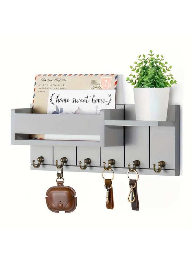 Gray Wall Mounted Organizer Key Holder Mail Tray with Hooks Shelves Farmhouse Decor - Image 1
