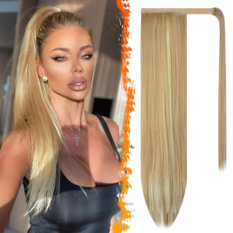 BARSDAR Light Ash Blonde Mix Straight Ponytail Extension - 26 Inch Long Straight Wrap Around Ponytail for Women, Clip in Ponytails Hair Extensions Synthetic Blonde Pony Tails Hairpieces Daily - Image 1