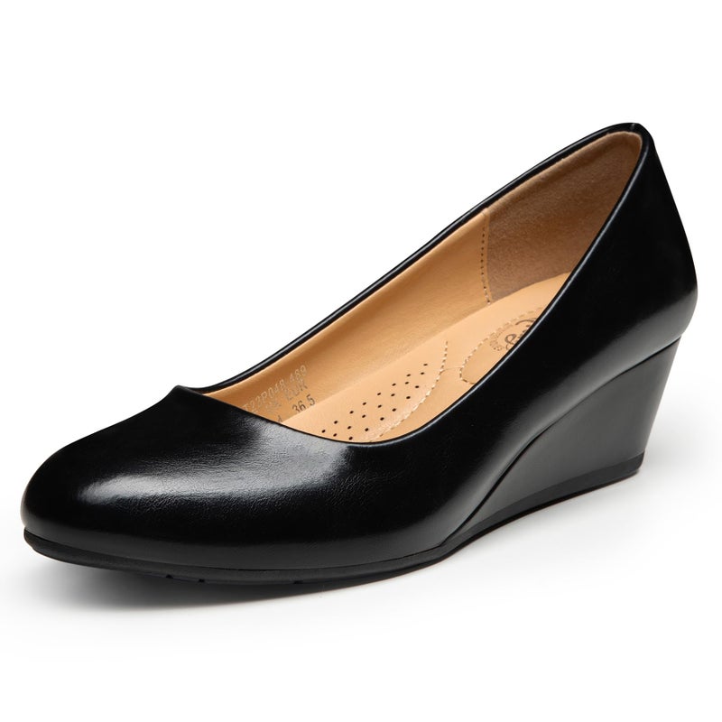 Trary Black Women's Wedges Heels for Women Pumps Round Toe Mid Heels Comfortable Closed Toe Dressy Shoes Women Pumps Wedge Dress Shoes for Wedding Work Office Party 1.8 Inches PU - Image 1