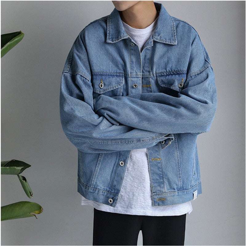 Spring workwear Denim coat mens ins trendy spring and autumn plus size jacket Korean style trendy all-matching loose top clothes Light blue E02 loose coat