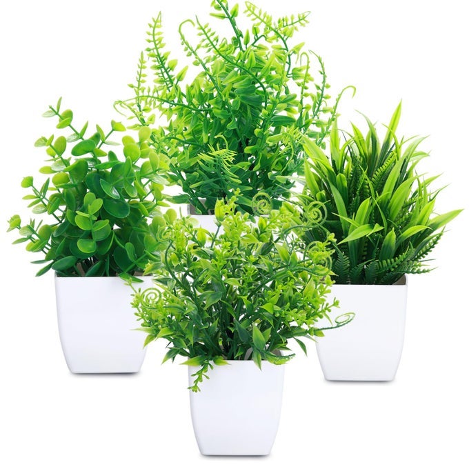 4 PCS FAKE PLANTS POTTED SMALL ARTIFICIAL PLANT INDOOR FAUX GREENERY IN WHITE POT FOR HOME OFFICE BEDROOM DESK BATHROOM SHELF FARMHOUSE DECORATIONS