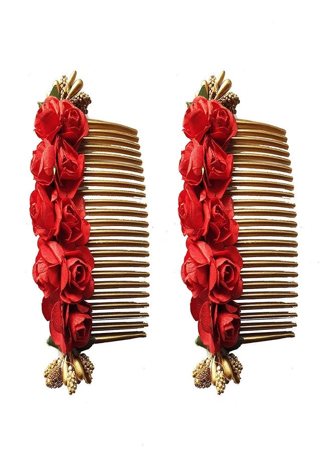 Foreign Holics Red Paper Flower Bun Styling Comb Hair Accessories - 2 Pcs Beautiful Hair Decorations for Women & Girls - Image 1
