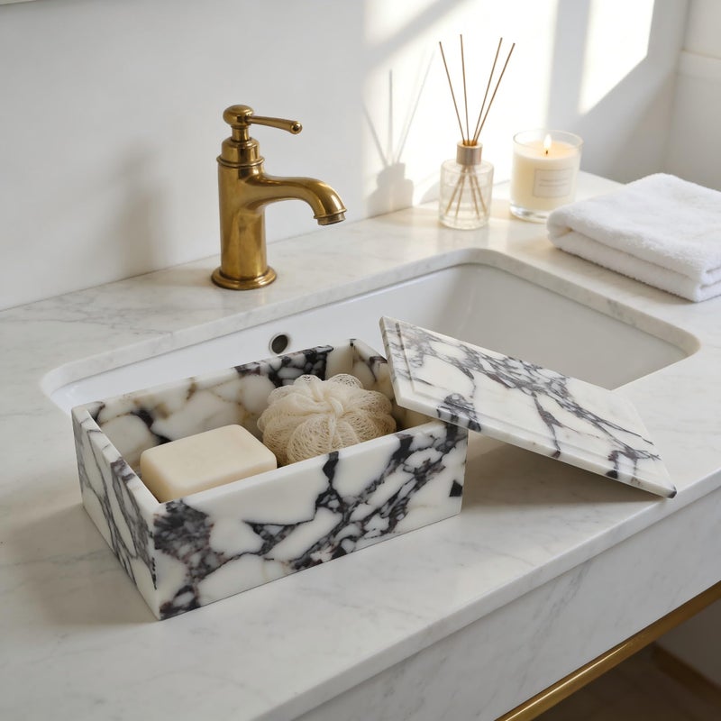 Artisanal Abode Luxury Marble Storage Box with Lid, White and Purple Veined Pattern, Decorative Organizer for Makeup Brushes, Jewelry, Bathroom Accessories (Rectangle) - Image 5