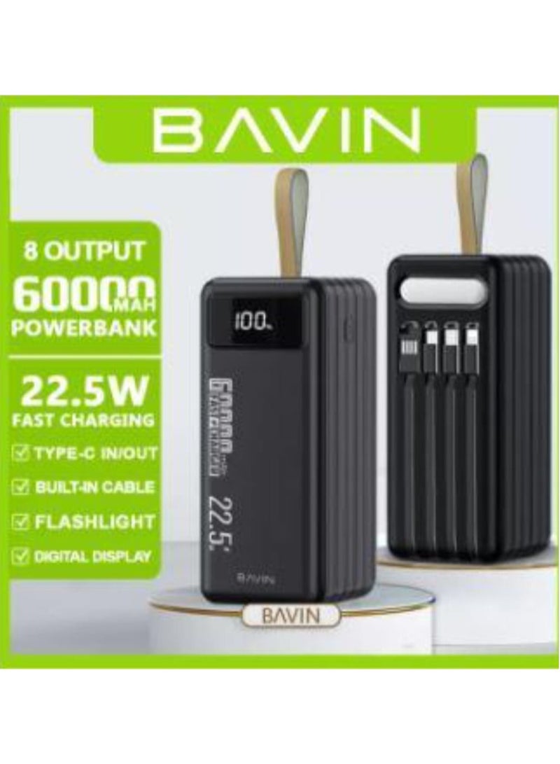 BAVIN PC053s Power Bank Portable Large Capacity60000 mAH Power Bank 22.5W Fast Charging power Bank With Built-in Flashlight And Built-in Cables - Image 1