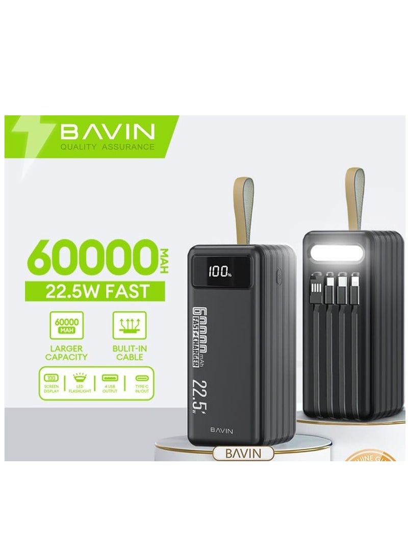 BAVIN PC053s Power Bank Portable Large Capacity60000 mAH Power Bank 22.5W Fast Charging power Bank With Built-in Flashlight And Built-in Cables - Image 3