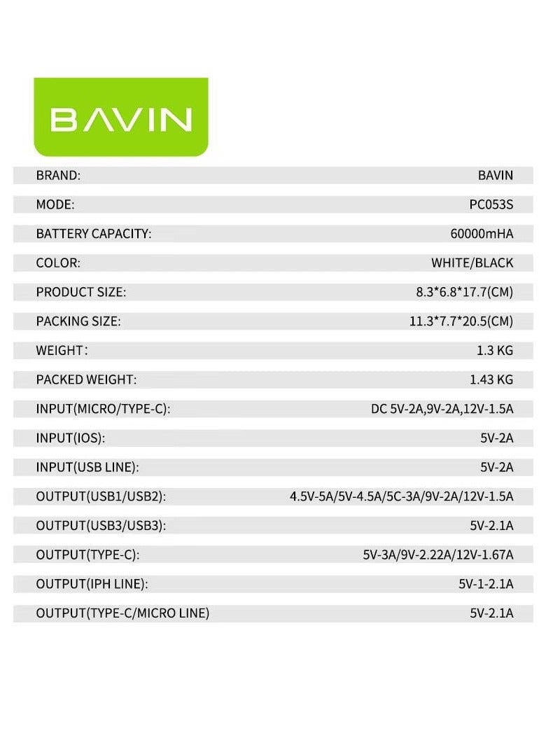 BAVIN PC053s Power Bank Portable Large Capacity60000 mAH Power Bank 22.5W Fast Charging power Bank With Built-in Flashlight And Built-in Cables - Image 5