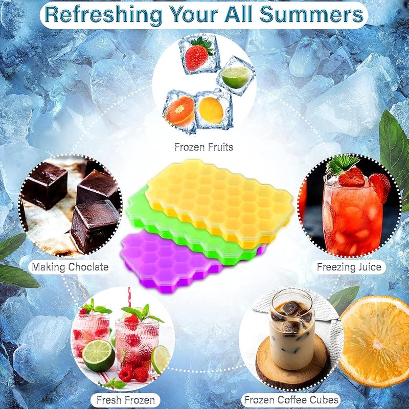 SHOWAY Honeycomb Reusable Ice Cubes Tray, Bundle (Pack of 3 - Yellow, Green and Purple), Silicone Small Ice Cube Tray with Cover, Honeycomb Ice Ball Mold, Honeycomb Mold for Ice Making - Image 5