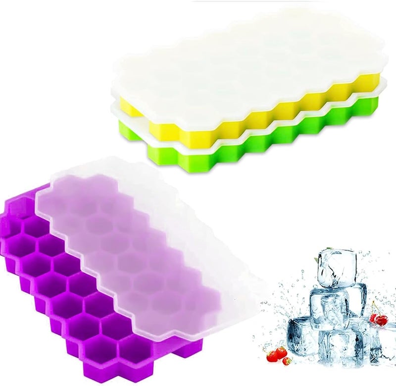 SHOWAY Honeycomb Reusable Ice Cubes Tray, Bundle (Pack of 3 - Yellow, Green and Purple), Silicone Small Ice Cube Tray with Cover, Honeycomb Ice Ball Mold, Honeycomb Mold for Ice Making - Image 2