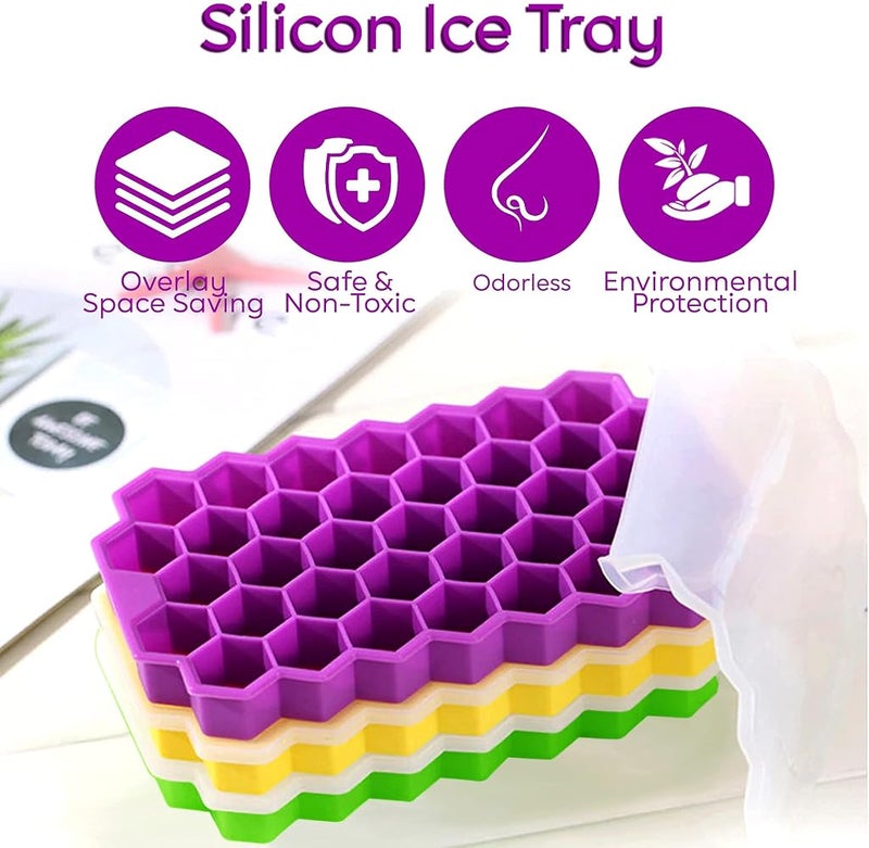 SHOWAY Honeycomb Reusable Ice Cubes Tray, Bundle (Pack of 3 - Yellow, Green and Purple), Silicone Small Ice Cube Tray with Cover, Honeycomb Ice Ball Mold, Honeycomb Mold for Ice Making - Image 3