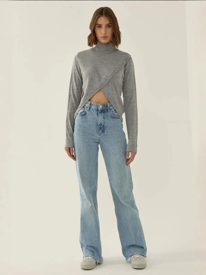 Hiccup Grey Asymmetric Turtleneck Knit Sweater for Women | Best Price UAE