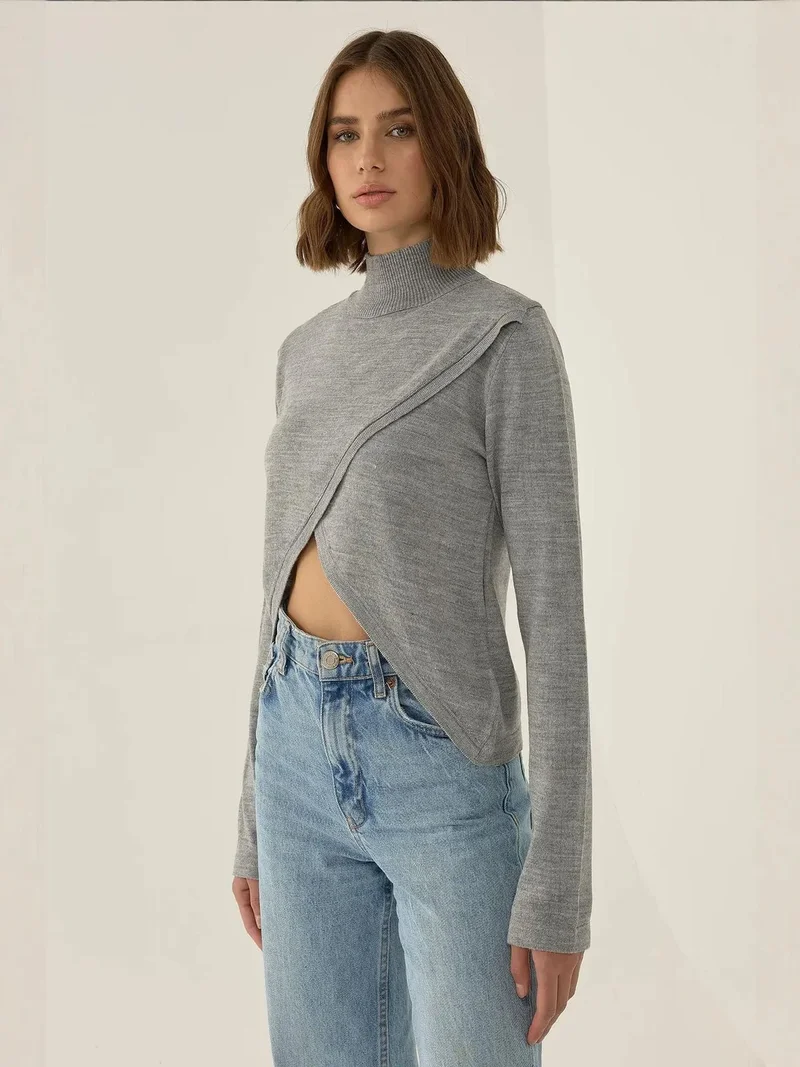 Hiccup Grey Asymmetric Turtleneck Knit Sweater for Women | Best Price UAE