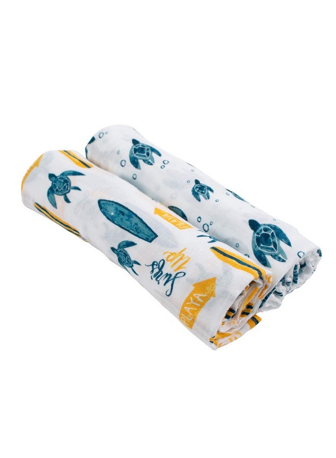 Bebe au Lait Bebe au Lait Oh So Soft Muslin Swaddle Blanket Set, Soft Muslin Design, Stylish Pattern - Surf and Sea Turtles , 47x47 Inch (Pack of 2) - Image 1