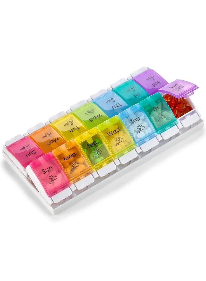 لبونير منظم دواء سريع التعبئة صباحًا ومساءً، منظم أقراص كبير لحبوب منع الحمل للسفر لمدة 7 أيام مرتين، صندوق أقراص أسبوعي آمن ومطبوع بشكل متين، حاوية تخزين صندوق تخزين الأدوية اليومية المقاومة للانسكاب （متعدد الألوان） - Image 1