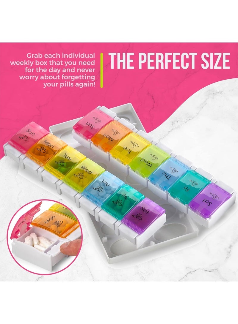 لبونير منظم دواء سريع التعبئة صباحًا ومساءً، منظم أقراص كبير لحبوب منع الحمل للسفر لمدة 7 أيام مرتين، صندوق أقراص أسبوعي آمن ومطبوع بشكل متين، حاوية تخزين صندوق تخزين الأدوية اليومية المقاومة للانسكاب （متعدد الألوان） - Image 5