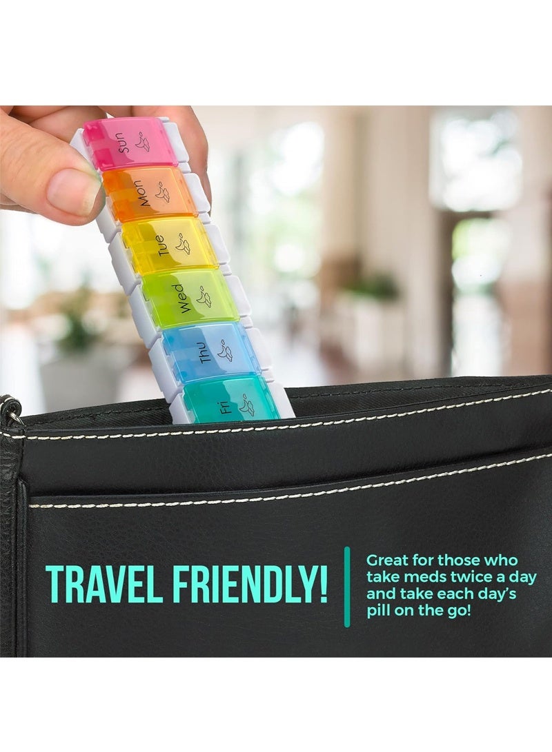 لبونير منظم دواء سريع التعبئة صباحًا ومساءً، منظم أقراص كبير لحبوب منع الحمل للسفر لمدة 7 أيام مرتين، صندوق أقراص أسبوعي آمن ومطبوع بشكل متين، حاوية تخزين صندوق تخزين الأدوية اليومية المقاومة للانسكاب （متعدد الألوان） - Image 4