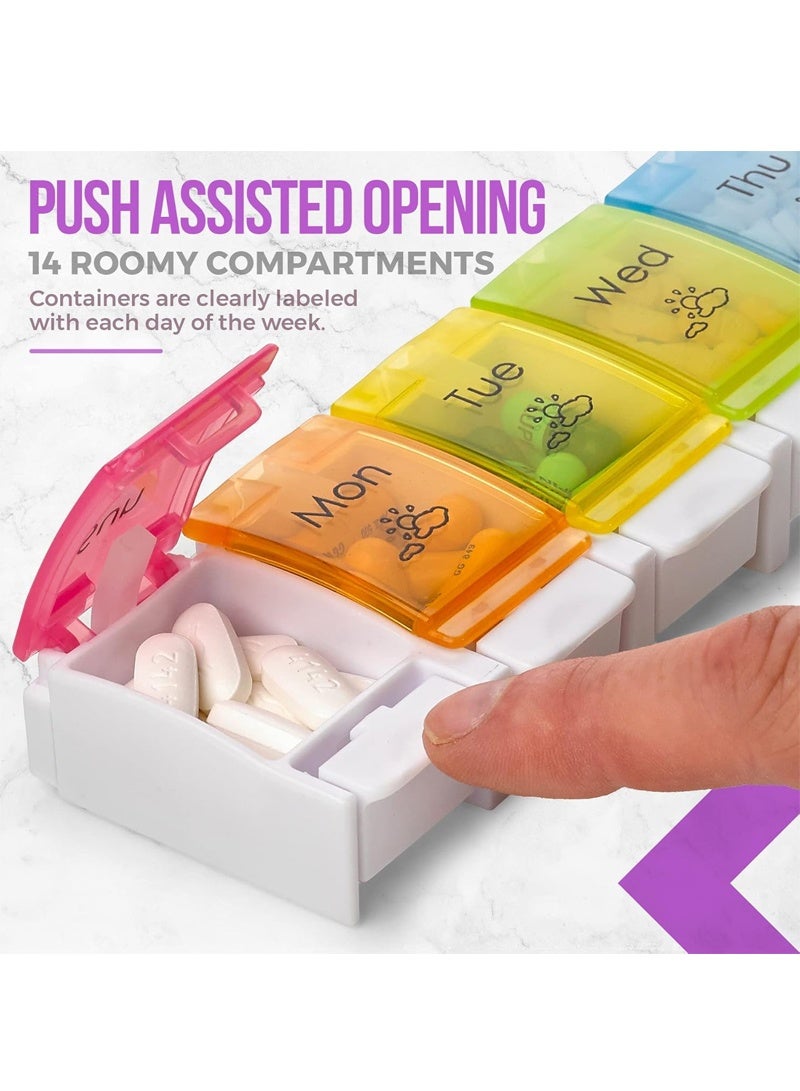 لبونير منظم دواء سريع التعبئة صباحًا ومساءً، منظم أقراص كبير لحبوب منع الحمل للسفر لمدة 7 أيام مرتين، صندوق أقراص أسبوعي آمن ومطبوع بشكل متين، حاوية تخزين صندوق تخزين الأدوية اليومية المقاومة للانسكاب （متعدد الألوان） - Image 3