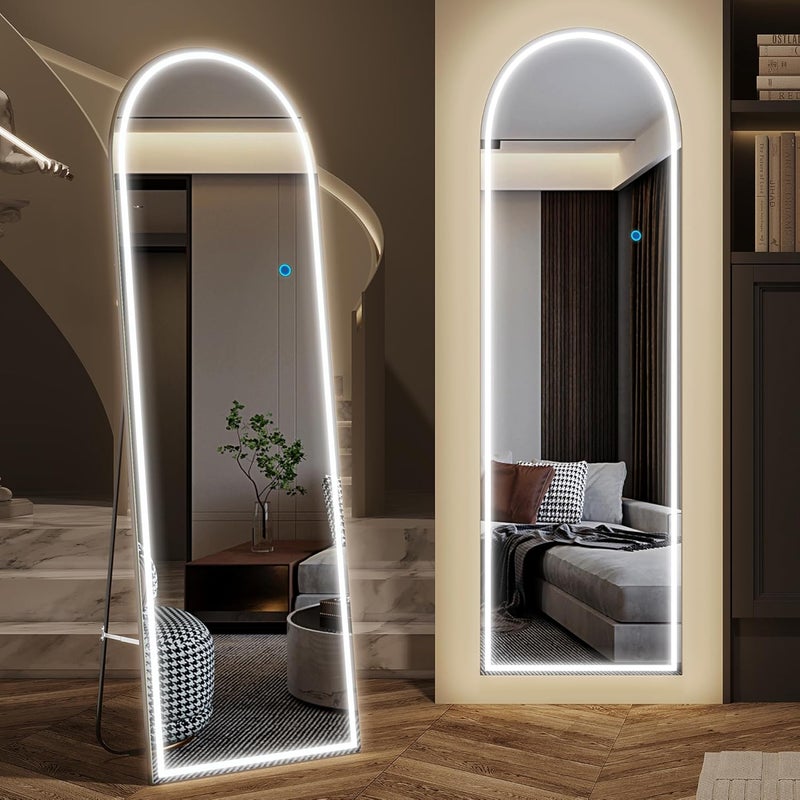 مرآة LVSOMT Bogen للجسم كامل مع إضاءة، 153 × 50 سم مرآة قائمة منحنية LED، مرآة حائط عصرية، كبيرة، مرآة قائمة بدون إطار، مضيئة، مرآة قائمة لغرفة النوم، الصالة - Image 1