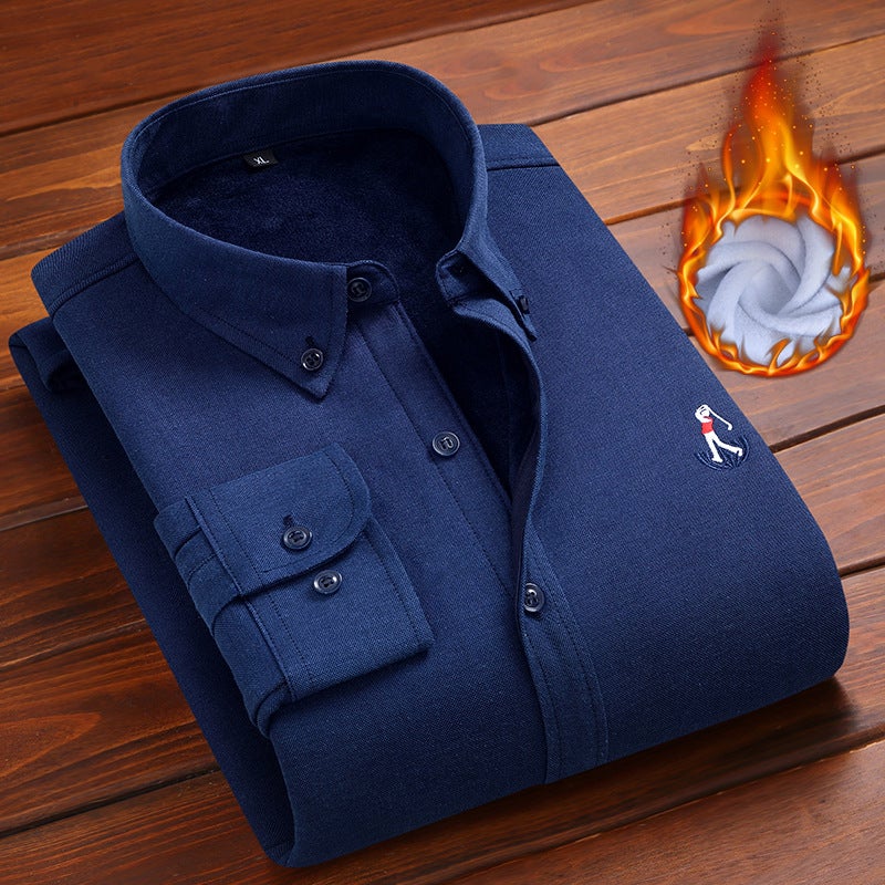 Boys winter thermal shirt fleece-lined thickened long-sleeved youth 60 cotton Oxford embroidered villain thermal underwear cardigan 898 navy blue Oxford thermal shirt men's fleece-lined thickened cardigan shirt 