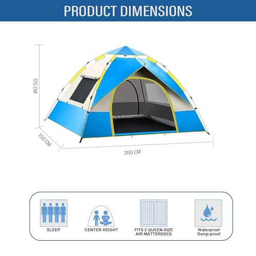 Hacer Camping Spring Tent for 3 Person 2 Doors 210D+170T Fabric Lightweight Backpacking Waterproof Windproof Portable Cabin for 2 to 3 Persons Suitable for Hiking (Blue, 1 PC) - Image 2
