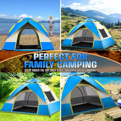 Hacer Camping Spring Tent for 3 Person 2 Doors 210D+170T Fabric Lightweight Backpacking Waterproof Windproof Portable Cabin for 2 to 3 Persons Suitable for Hiking (Blue, 1 PC) - Image 4