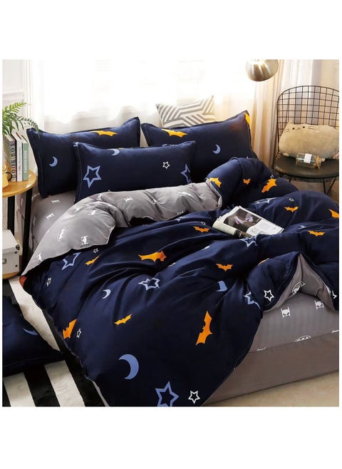 4-Pieces Kids Single Size Bed Sheet Set - Soft Navy Blue Batman-Themed Single Size Bedding Set Include Duvet Cover with 2 Pillowcases and Fitted Sheet for Boys & Girls