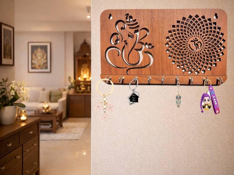 My Dream Carts Ganesha Om Chakra Key Holder for Home Decor Items | Stylish Key Hanger Wall Mounted | Handicraft Key Chain Stand | Wooden Keychain Hangers for Office Decoration | Wood Keys Organizer - Image 1