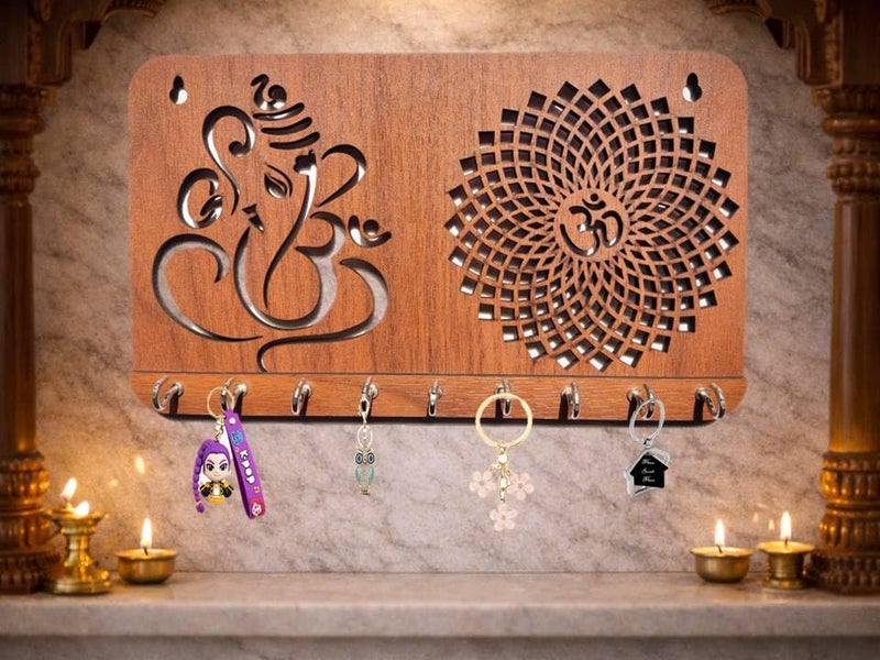My Dream Carts Ganesha Om Chakra Key Holder for Home Decor Items | Stylish Key Hanger Wall Mounted | Handicraft Key Chain Stand | Wooden Keychain Hangers for Office Decoration | Wood Keys Organizer - Image 2