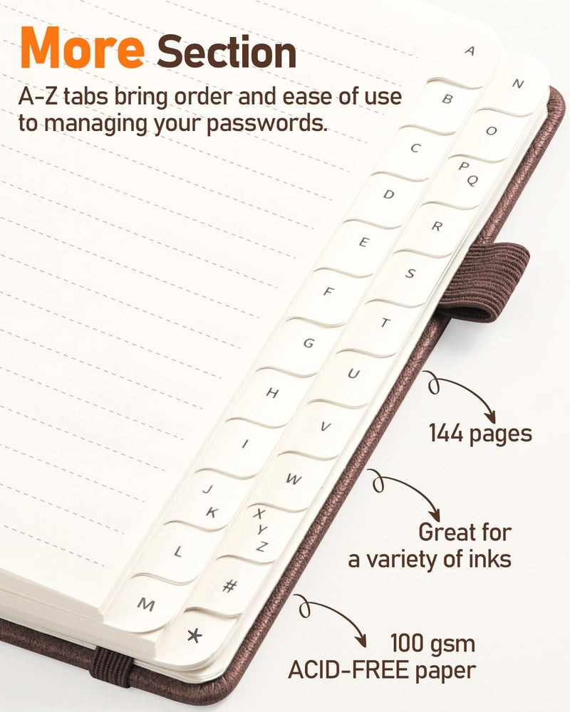 Wemate Password Book With Alphabetical Tabs  Spiral Password Keeper Book For Seniors  Internet Password Notebook Password Journal Logbook Log In Detail  Small - 4.7''X 6'' (Brown) - Image 4