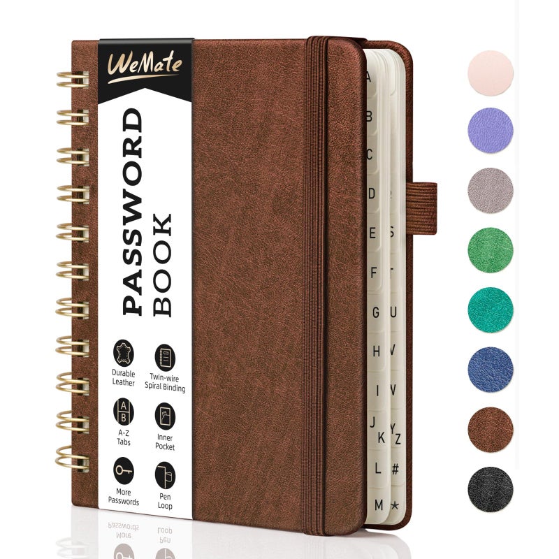 Wemate Password Book With Alphabetical Tabs  Spiral Password Keeper Book For Seniors  Internet Password Notebook Password Journal Logbook Log In Detail  Small - 4.7''X 6'' (Brown) - Image 1