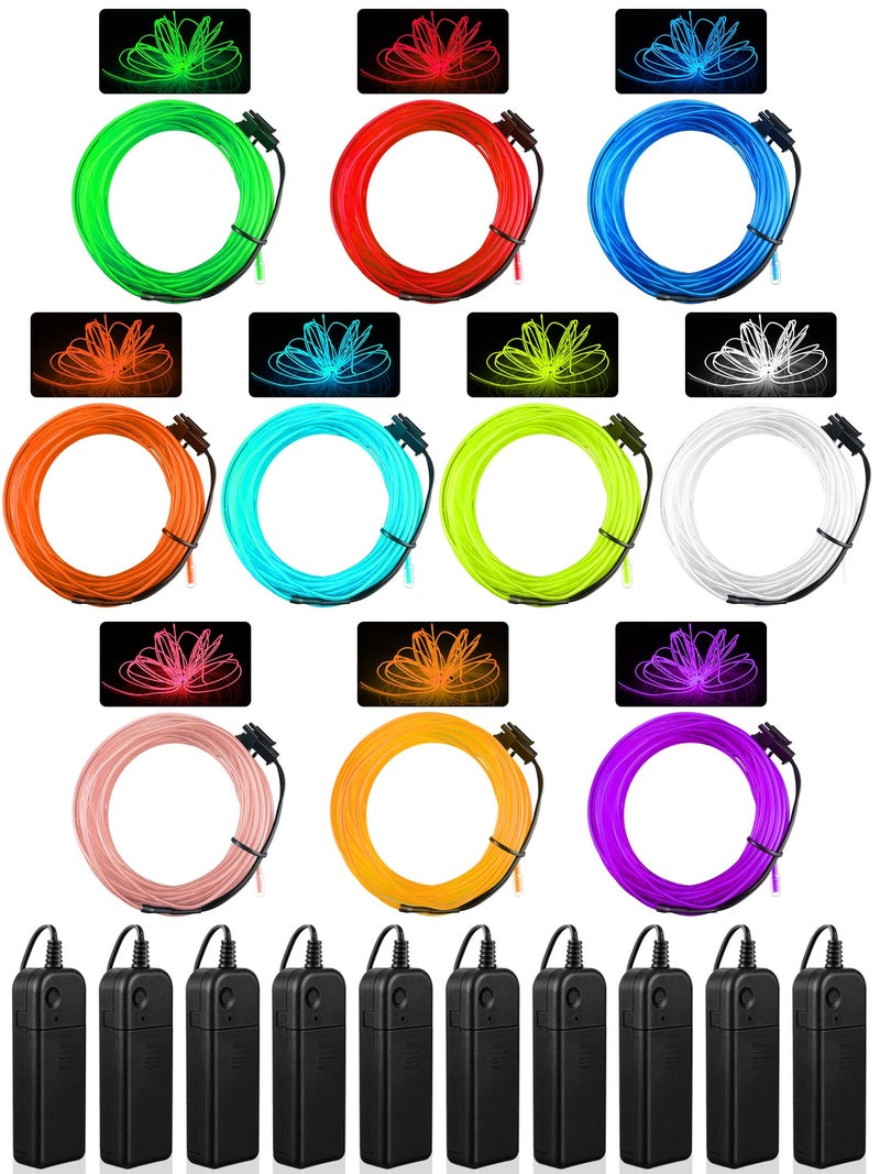 Hortsun Hortsun 10 Packs EL Wire Portable Neon Light LED Powered String Lights Glowing Strobing Electroluminescent for DIY Costume Glow in The Dark for Party Christmas Decorations164 ft 